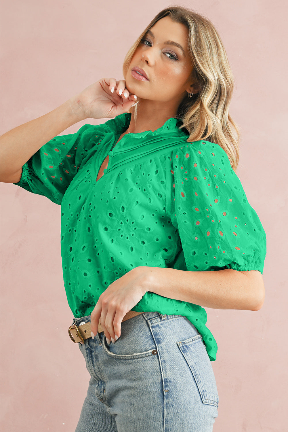 Black Hollow-out Flower Embroidered Short Puff Sleeve Blouse