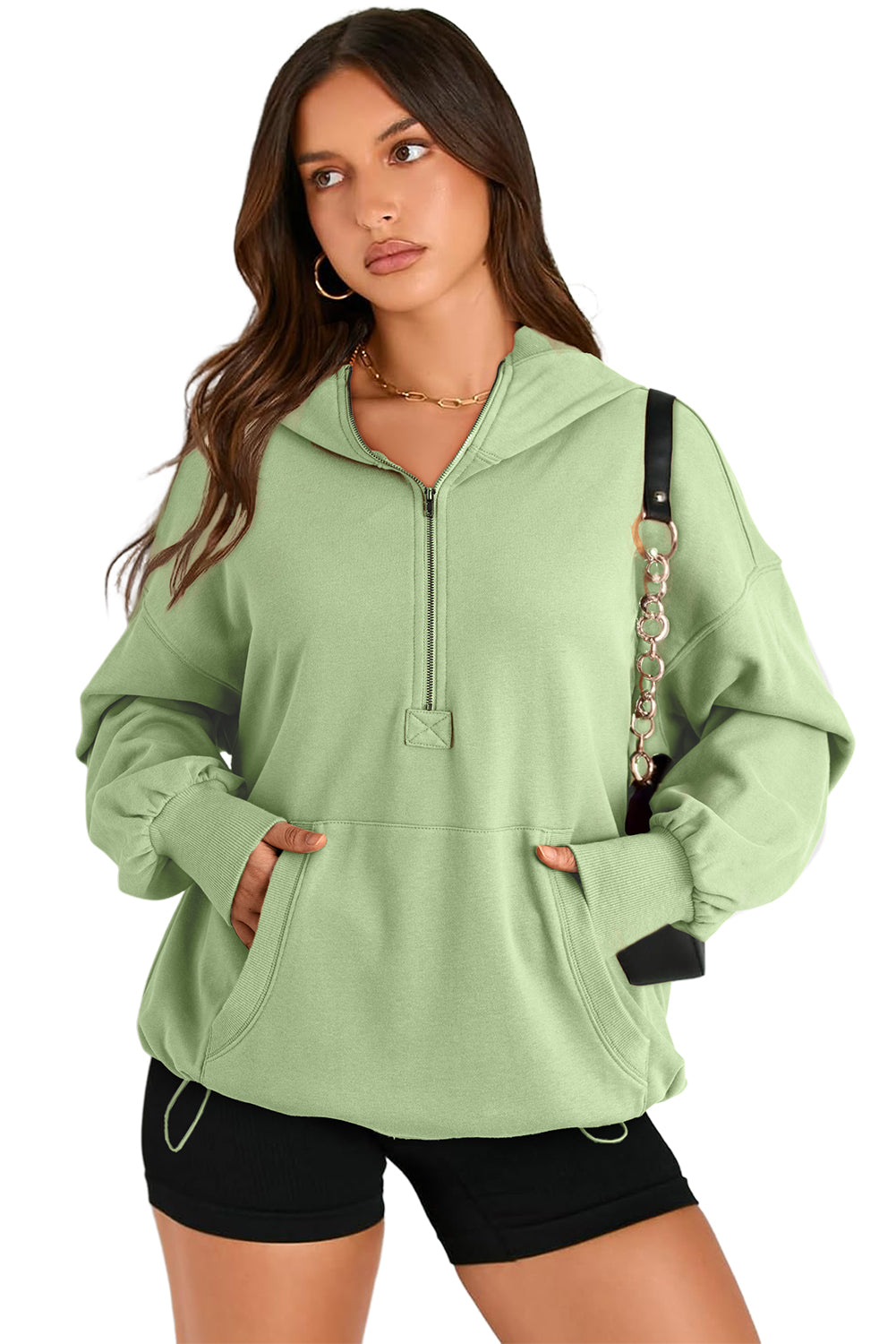 Aruba Blue Kangaroo Pocket Half Zipper Oversized Hoodie