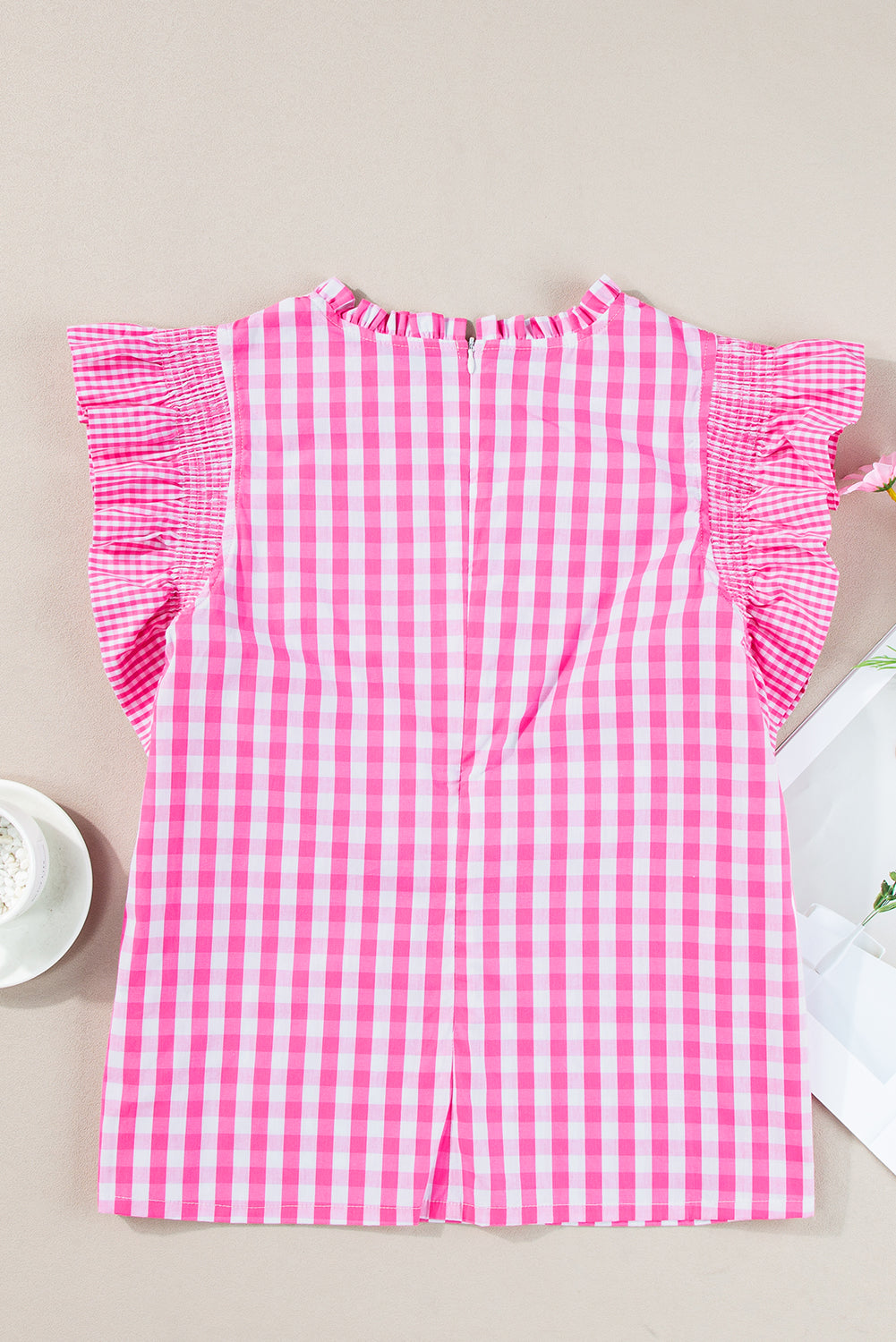 Black Checkered Ruffled Trim Frilled Neck Blouse