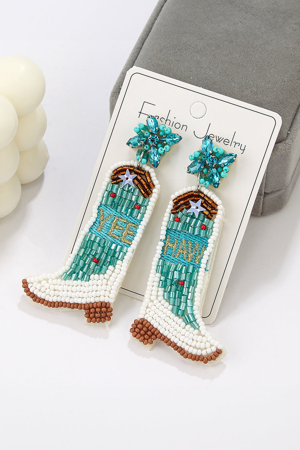 Beige Rice Beaded Boots Dangle Earrings