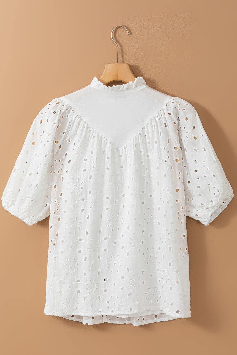 Black Hollow-out Flower Embroidered Short Puff Sleeve Blouse