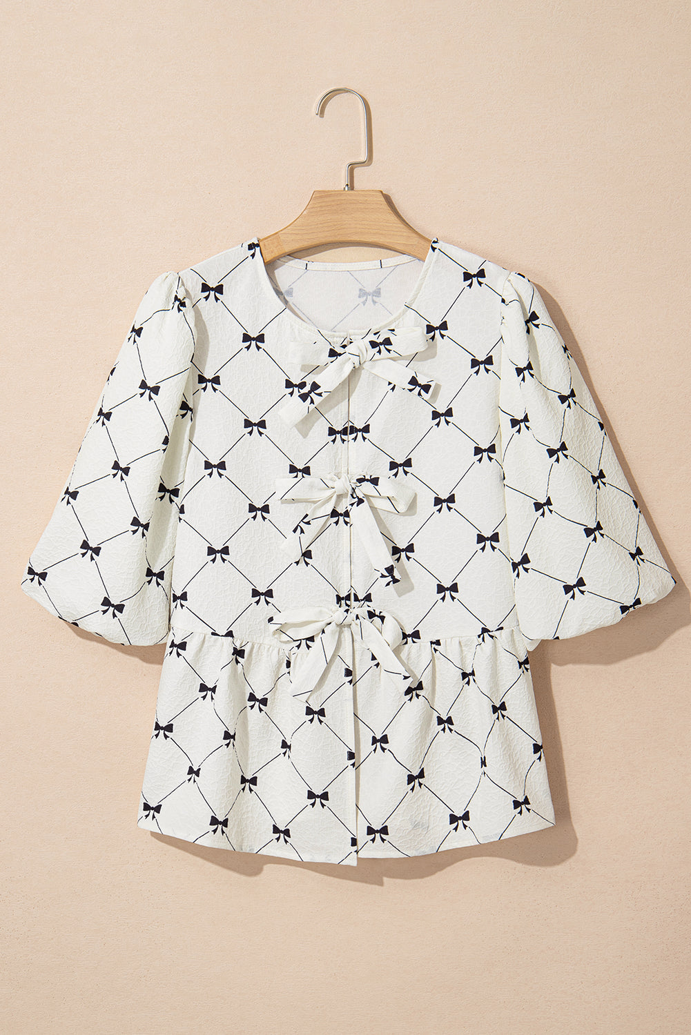 White Checkered Bow Print Knot Front Puff Sleeve Blouse