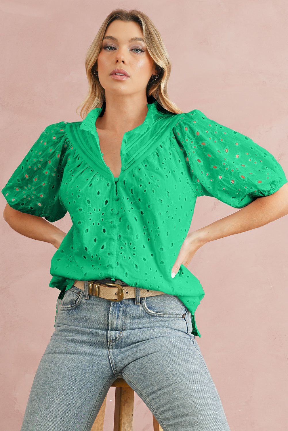 Black Hollow-out Flower Embroidered Short Puff Sleeve Blouse