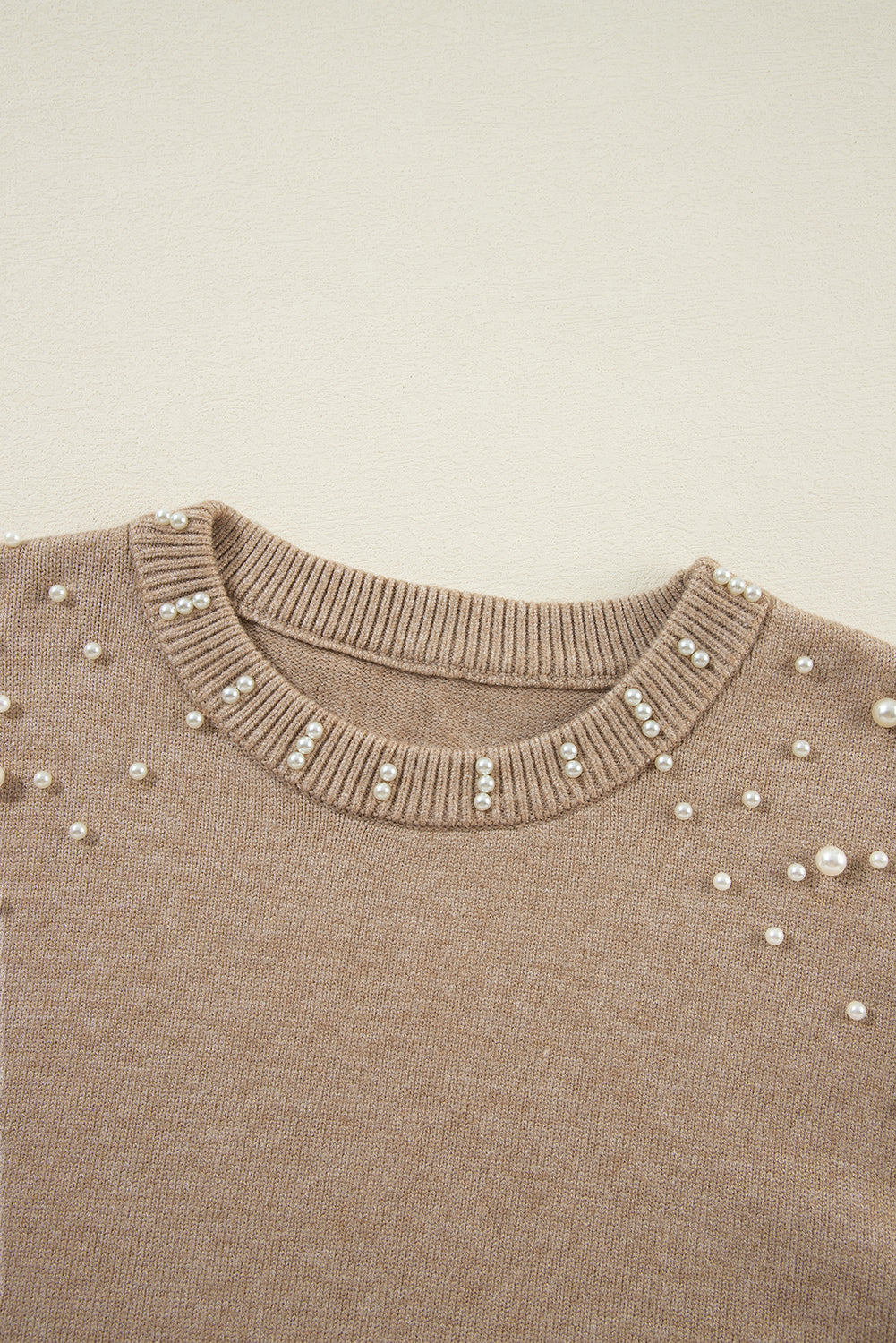 Light Grey Pearl Drop Shoulder Round Neck Sweater