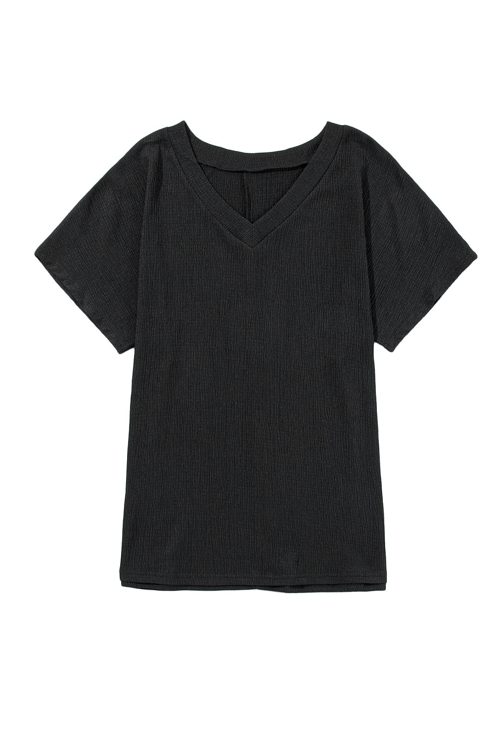 Blue Plain Crinkled V Neck Flounce Sleeve T Shirt