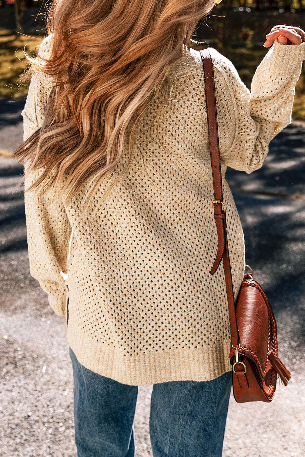 Light Grey Plain Oversized Hollowed Knit Sweater