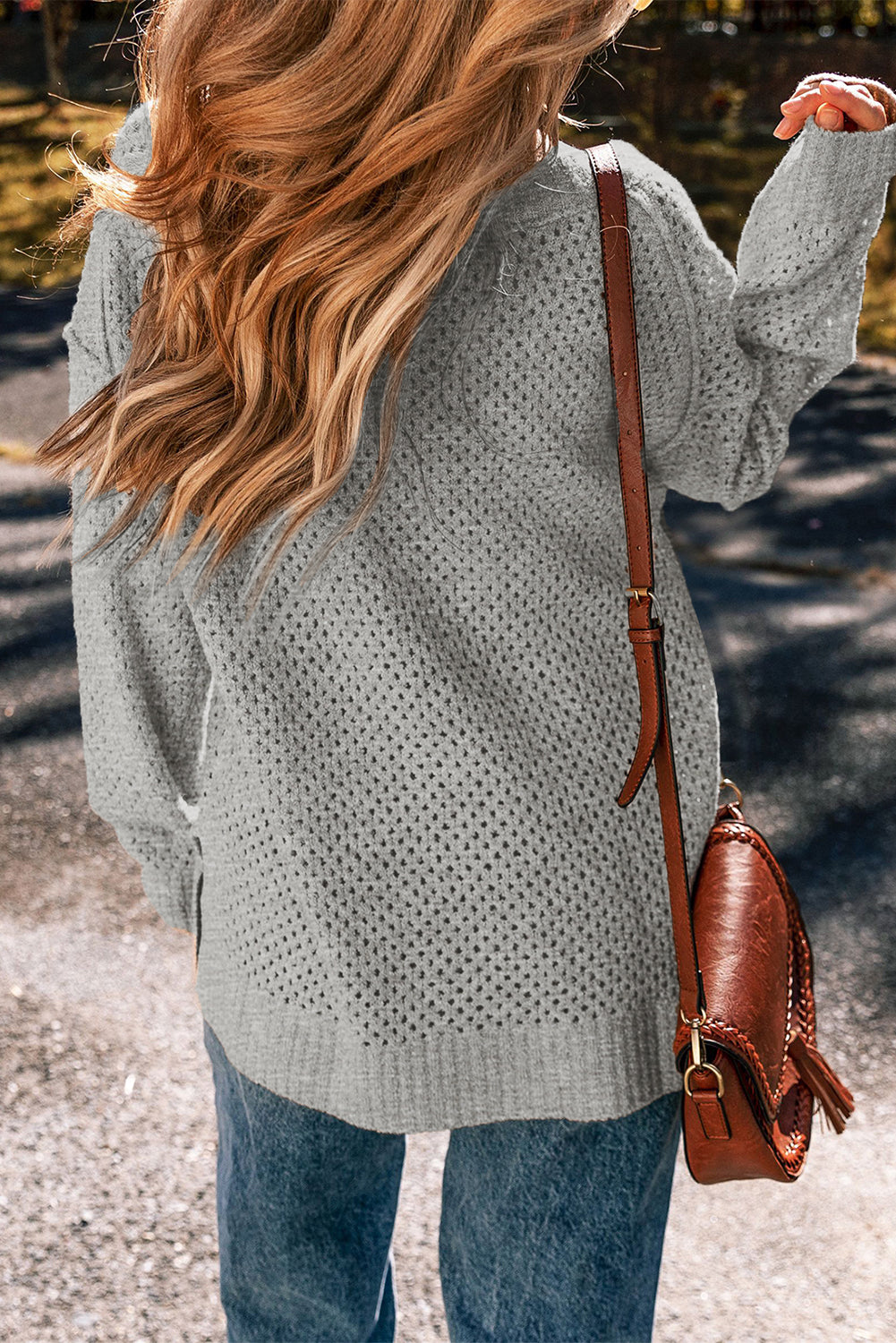 Light Grey Plain Oversized Hollowed Knit Sweater