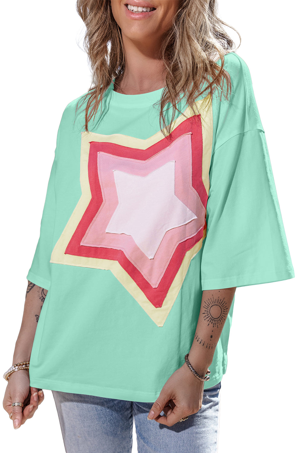 Bonbon Colorblock Star Patched Half Sleeve Oversized Tee