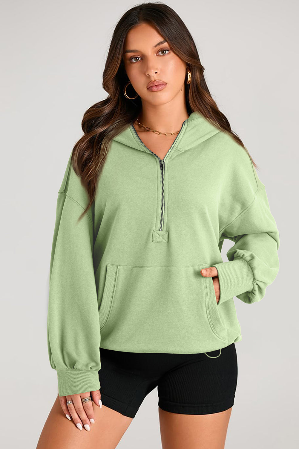 Aruba Blue Kangaroo Pocket Half Zipper Oversized Hoodie