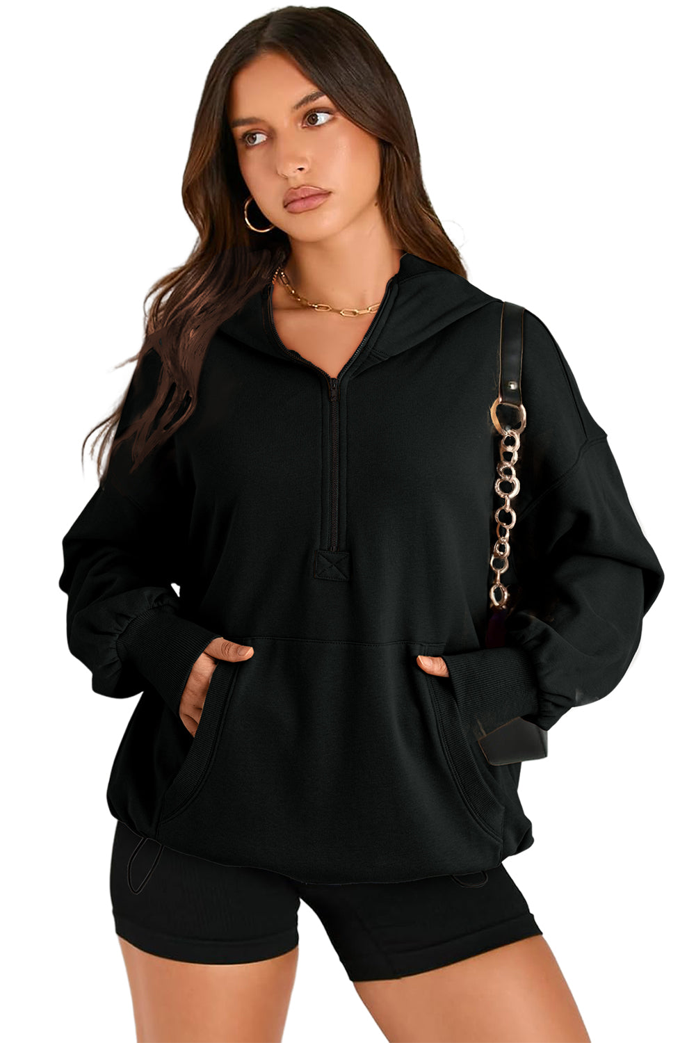 Aruba Blue Kangaroo Pocket Half Zipper Oversized Hoodie