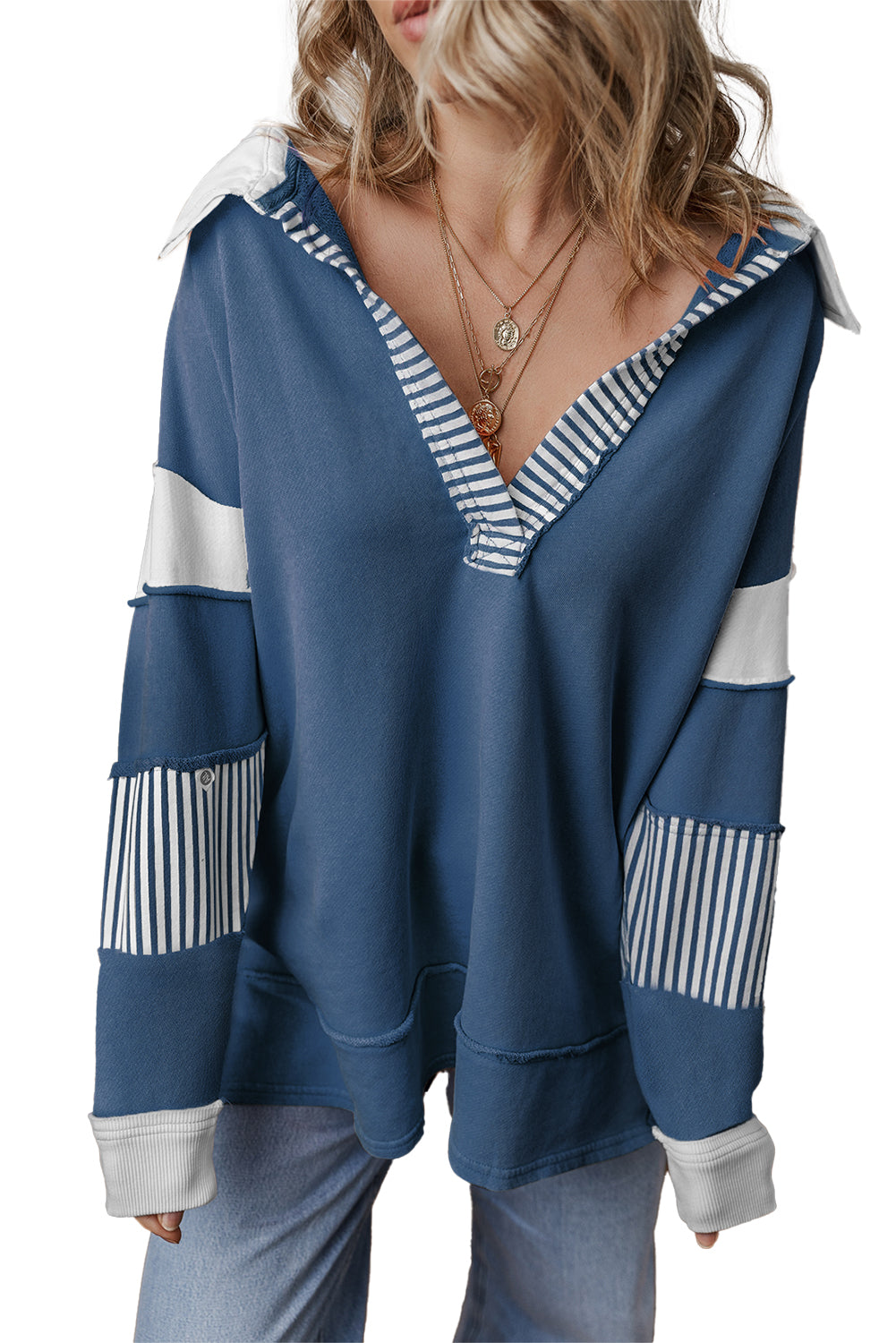 Black Striped Patchwork Collar Sweatshirt