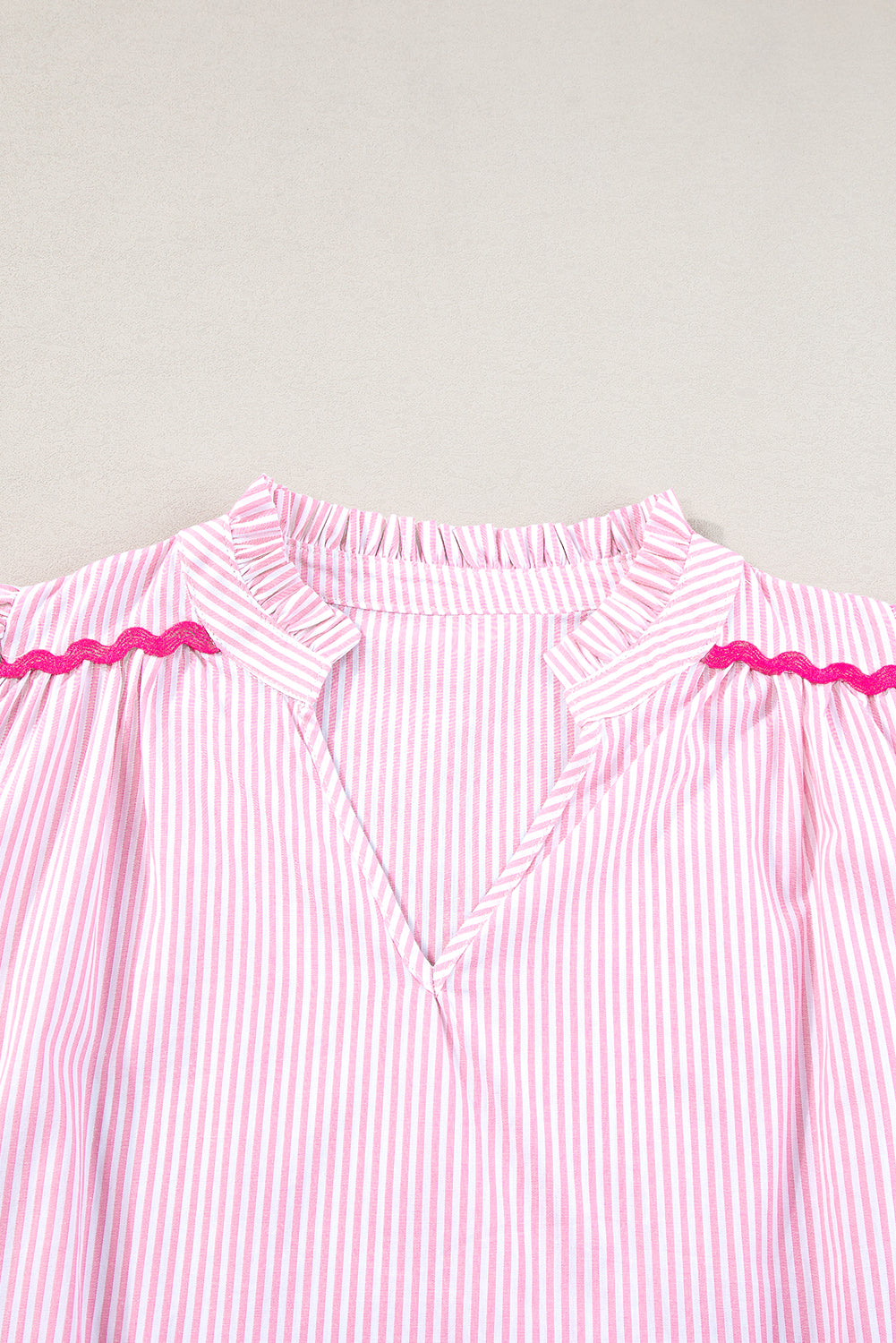 Sky Blue Striped Ricrac Splicing Frill V-Neck Blouse