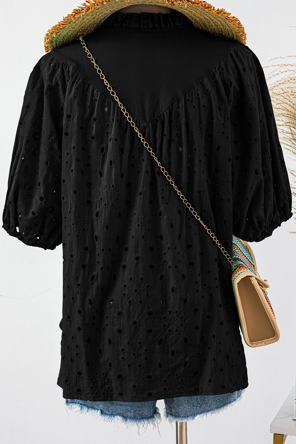 Black Hollow-out Flower Embroidered Short Puff Sleeve Blouse