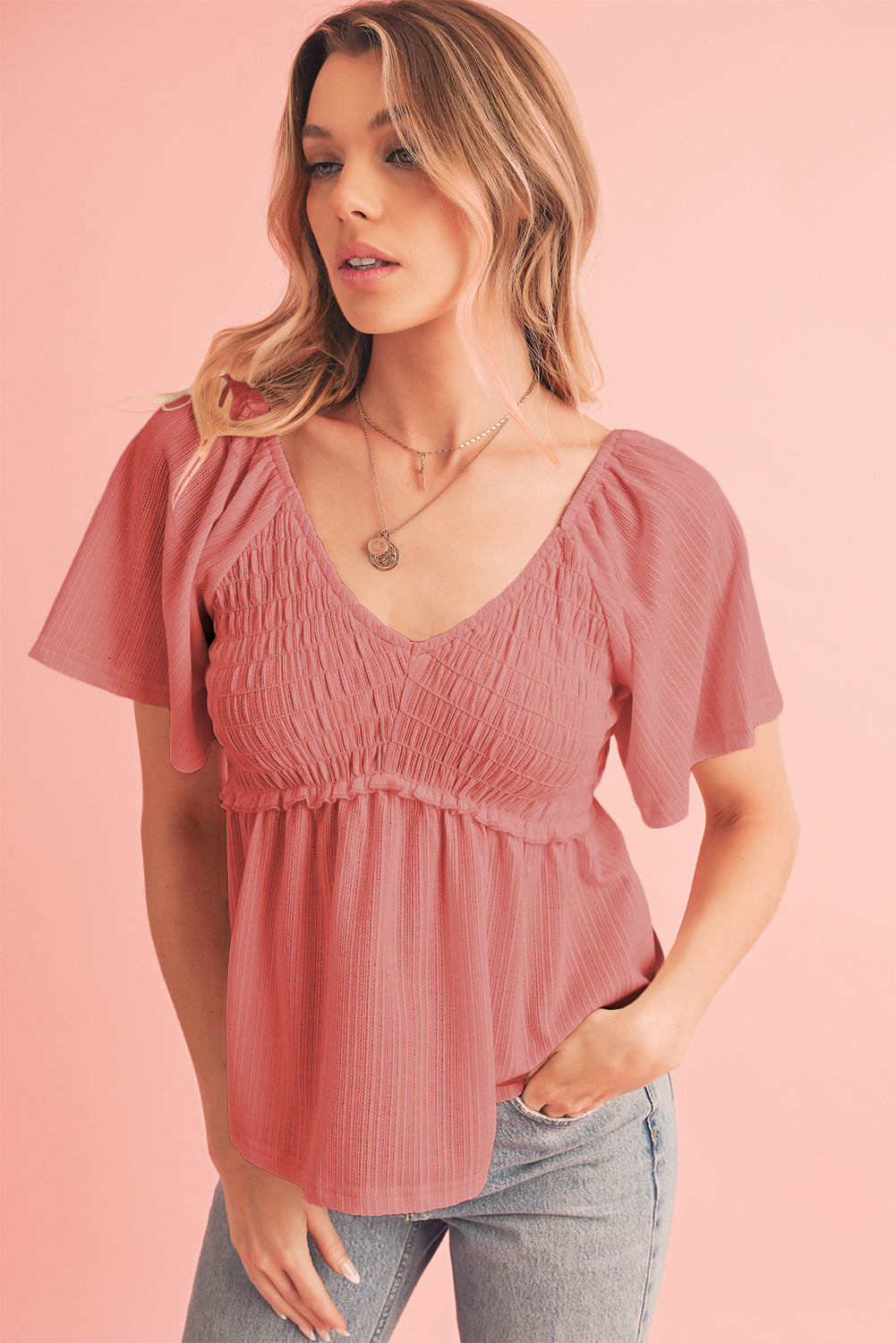 Black Shirred V Neck Short Flutter Sleeve Textured Blouse