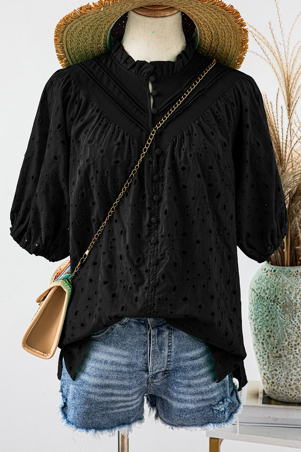 Black Hollow-out Flower Embroidered Short Puff Sleeve Blouse