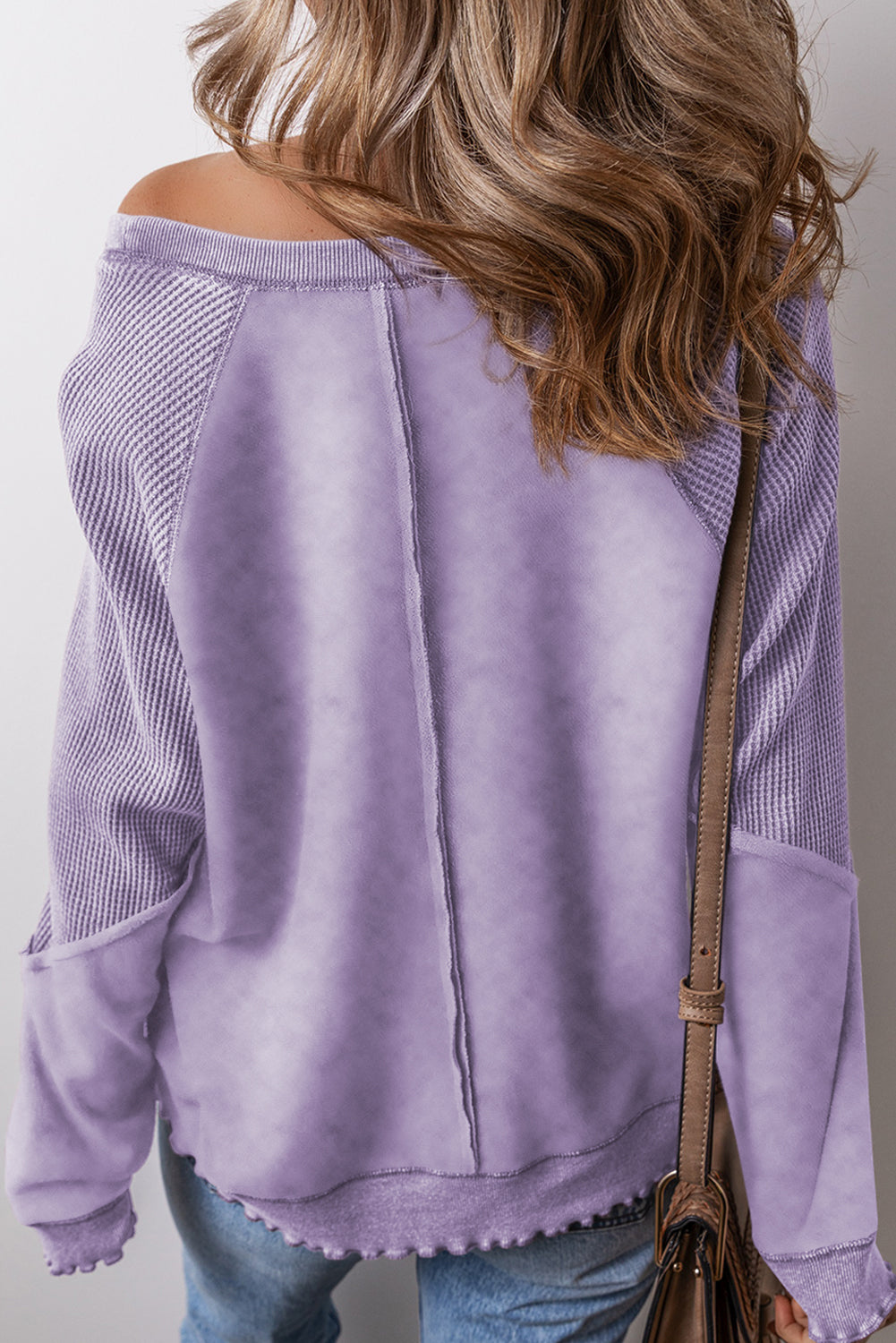 Sail Blue Waffle Knit Patchwork Raglan Sleeve Sweatshirt