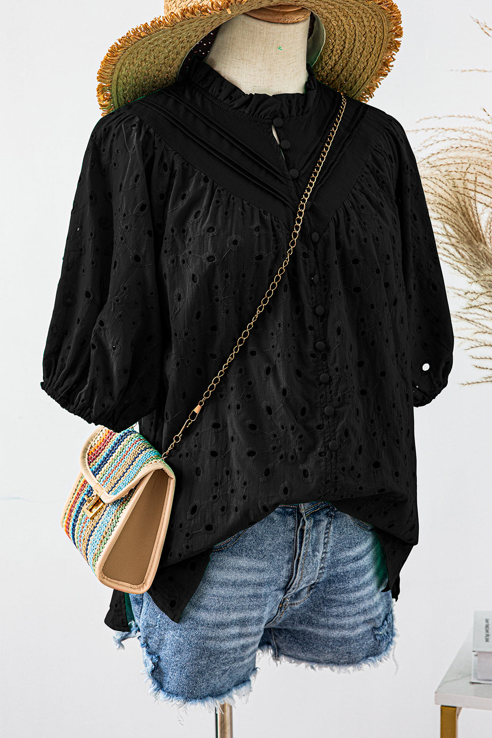 Black Hollow-out Flower Embroidered Short Puff Sleeve Blouse