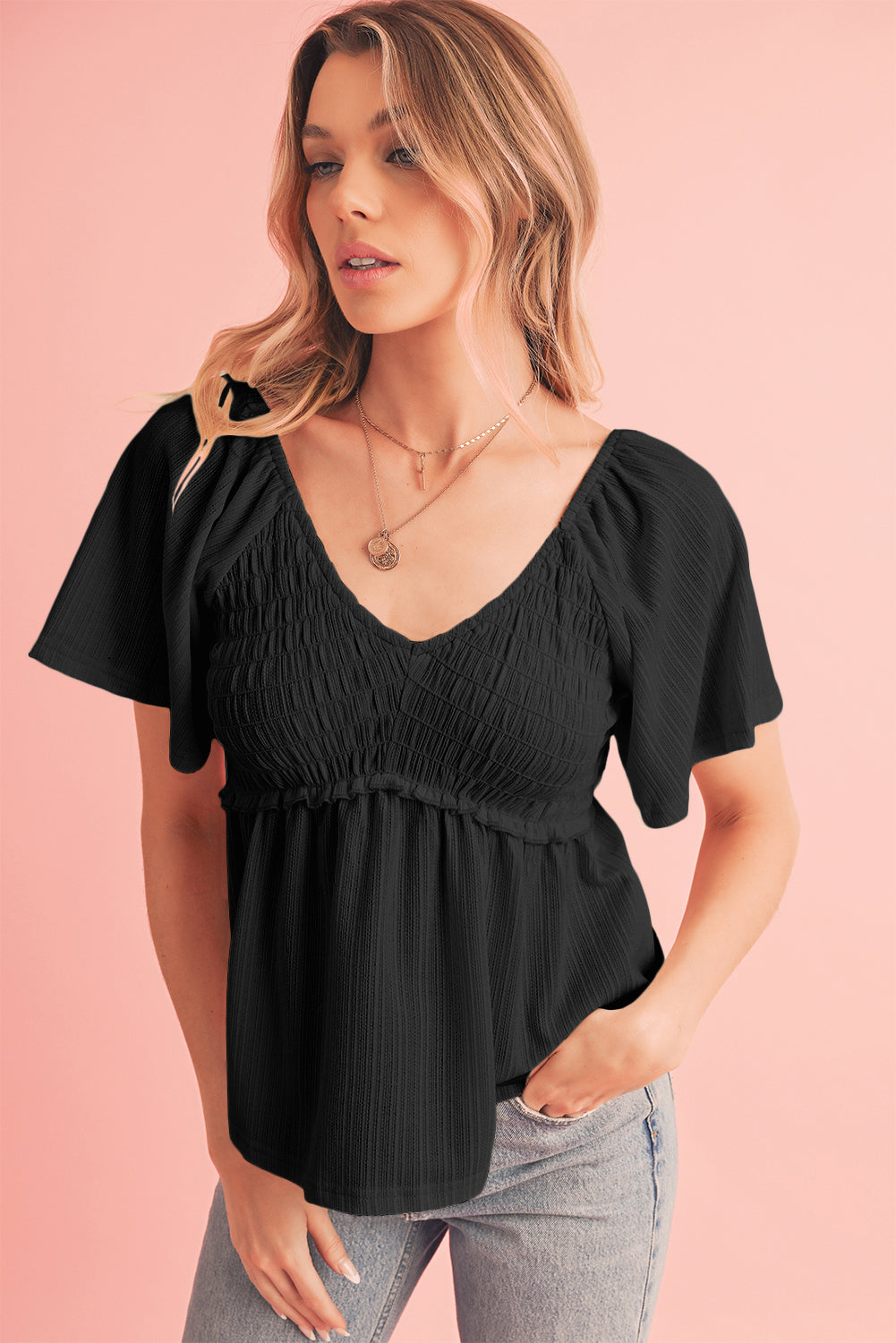 Black Shirred V Neck Short Flutter Sleeve Textured Blouse