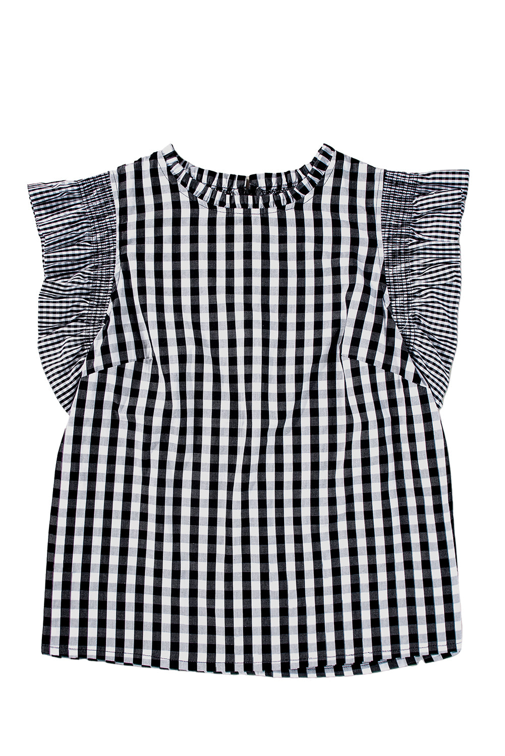 Black Checkered Ruffled Trim Frilled Neck Blouse