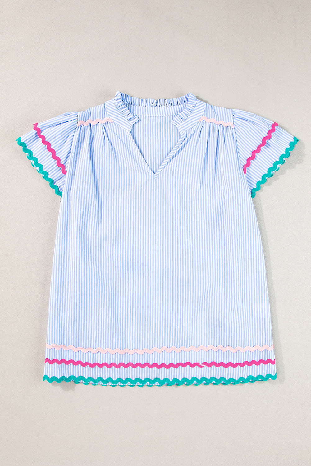 Sky Blue Striped Ricrac Splicing Frill V-Neck Blouse