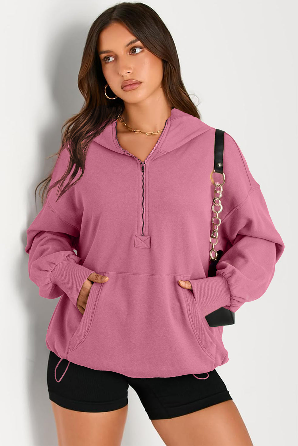 Aruba Blue Kangaroo Pocket Half Zipper Oversized Hoodie