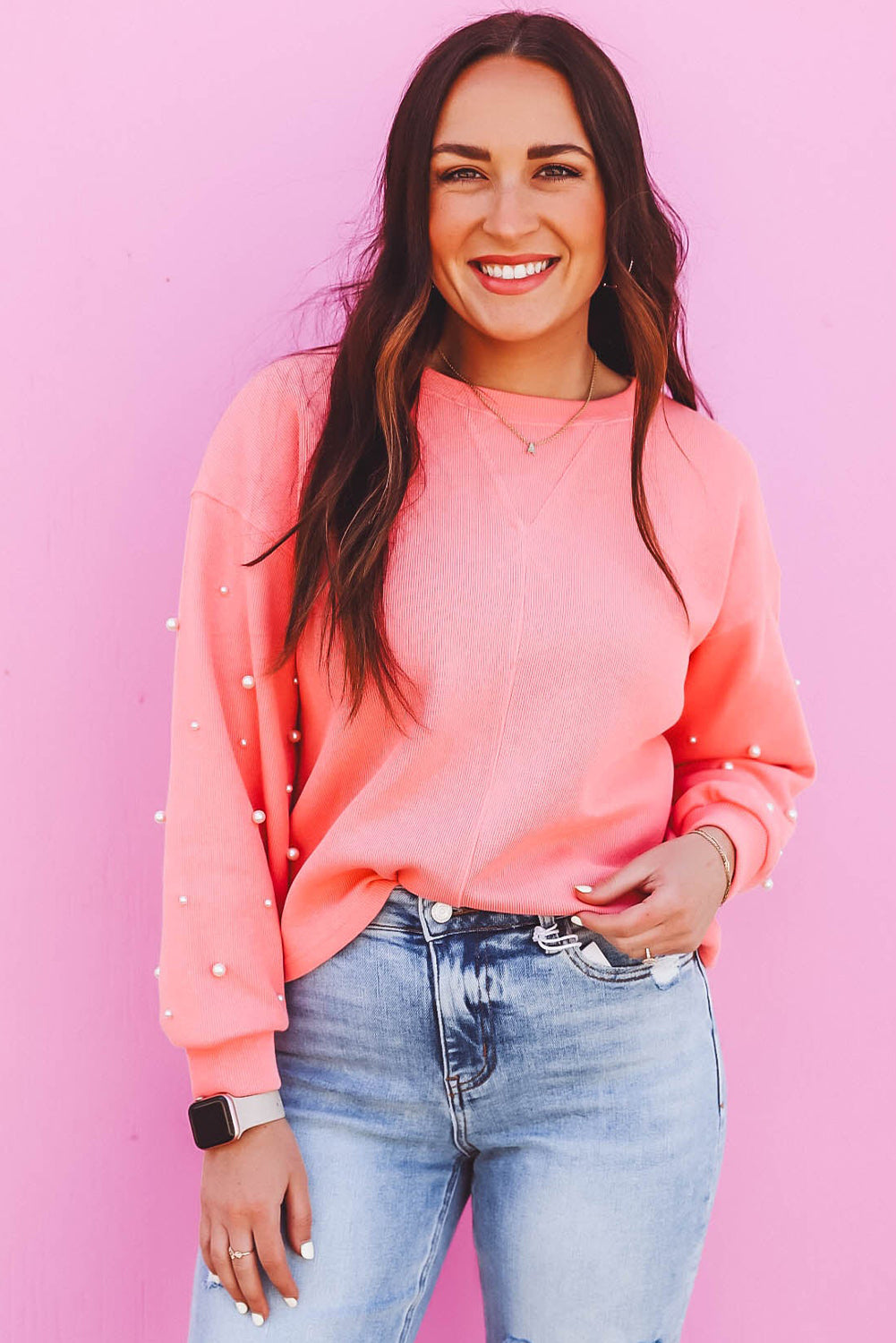 Blossom Pearl Sleeves Ribbed Pullover Sweatshirt