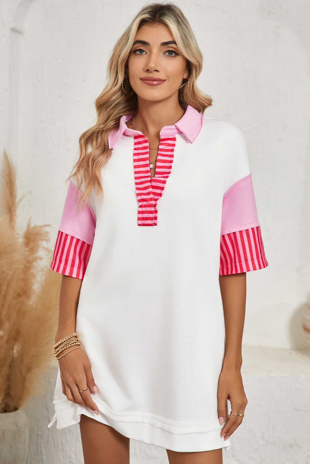 White Stripe Colorblock Sleeve Collared Mini Dress