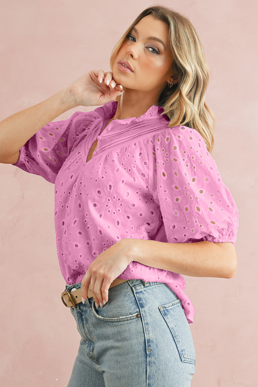 Black Hollow-out Flower Embroidered Short Puff Sleeve Blouse