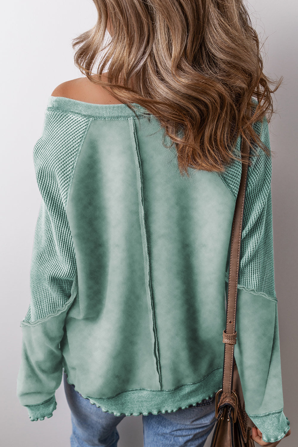 Sail Blue Waffle Knit Patchwork Raglan Sleeve Sweatshirt