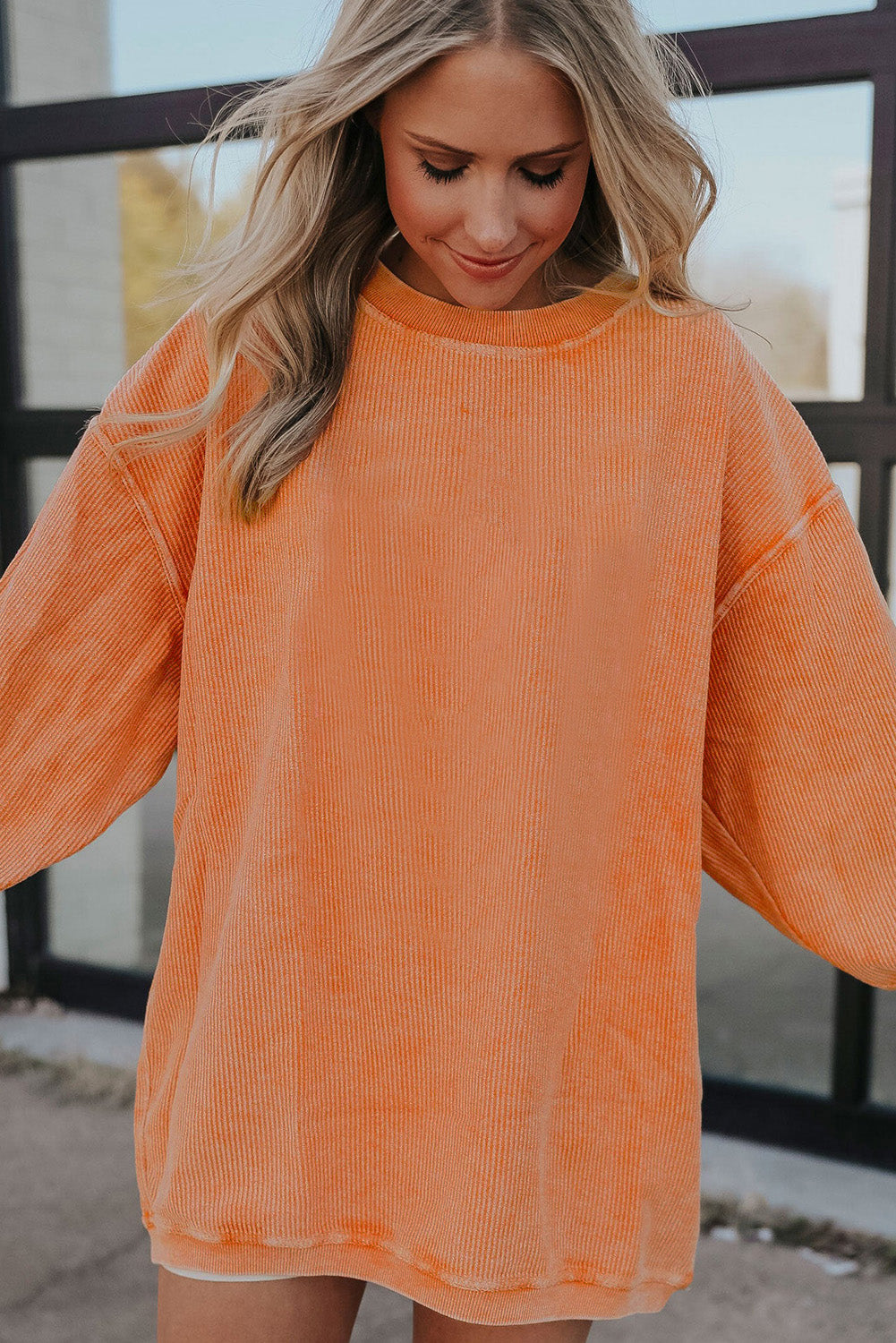 Dark Grey Drop Sleeve Crinkle Rib Oversized Sweatshirt