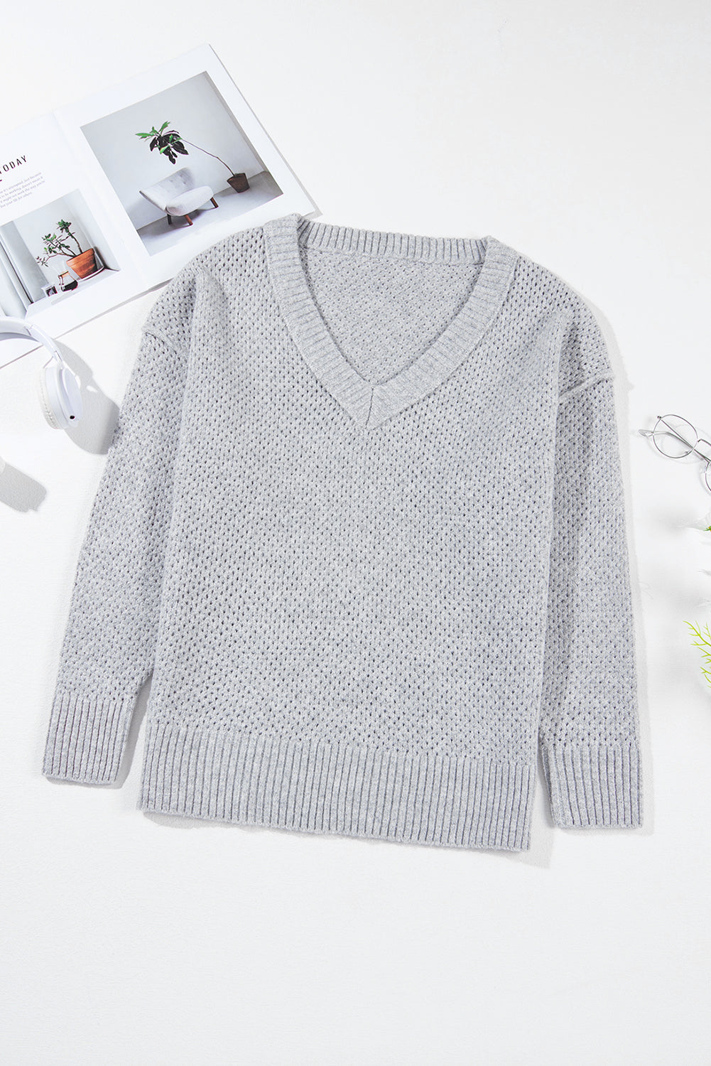 Light Grey Plain Oversized Hollowed Knit Sweater