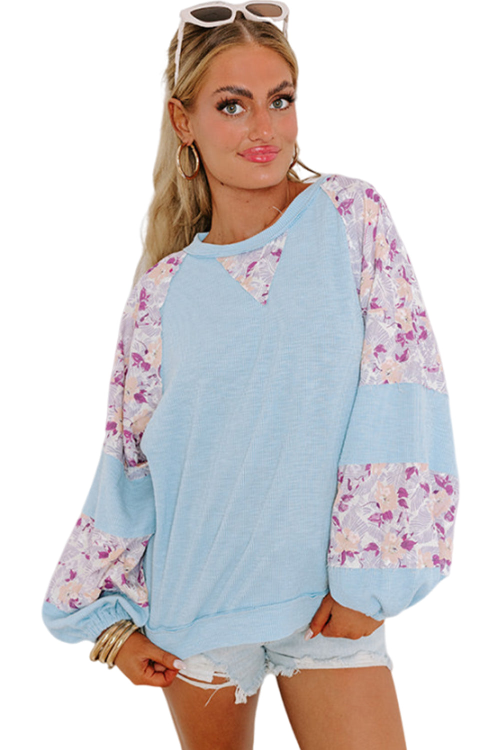 Apricot Crinkle Rib Floral Patchwork Balloon Sleeve Top