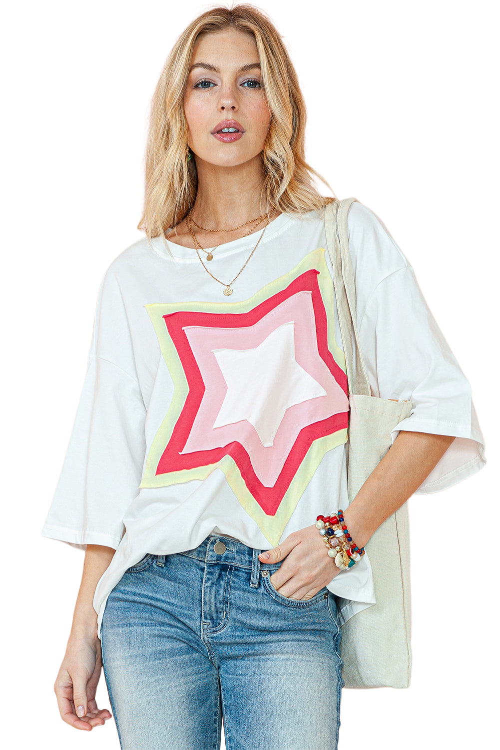 Bonbon Colorblock Star Patched Half Sleeve Oversized Tee