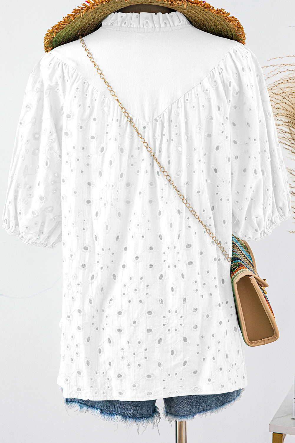 Black Hollow-out Flower Embroidered Short Puff Sleeve Blouse