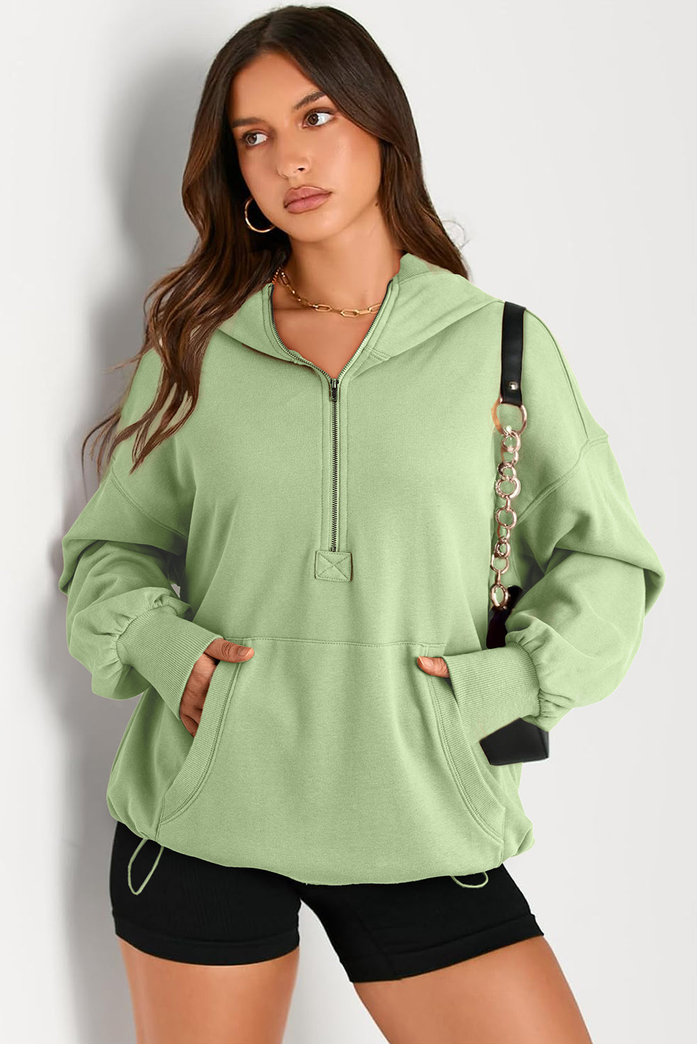 Aruba Blue Kangaroo Pocket Half Zipper Oversized Hoodie