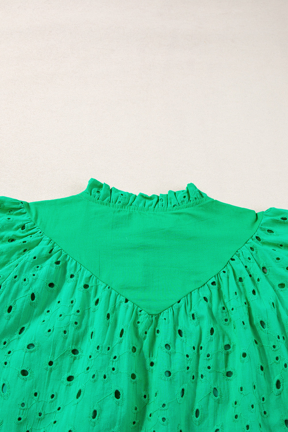 Black Hollow-out Flower Embroidered Short Puff Sleeve Blouse