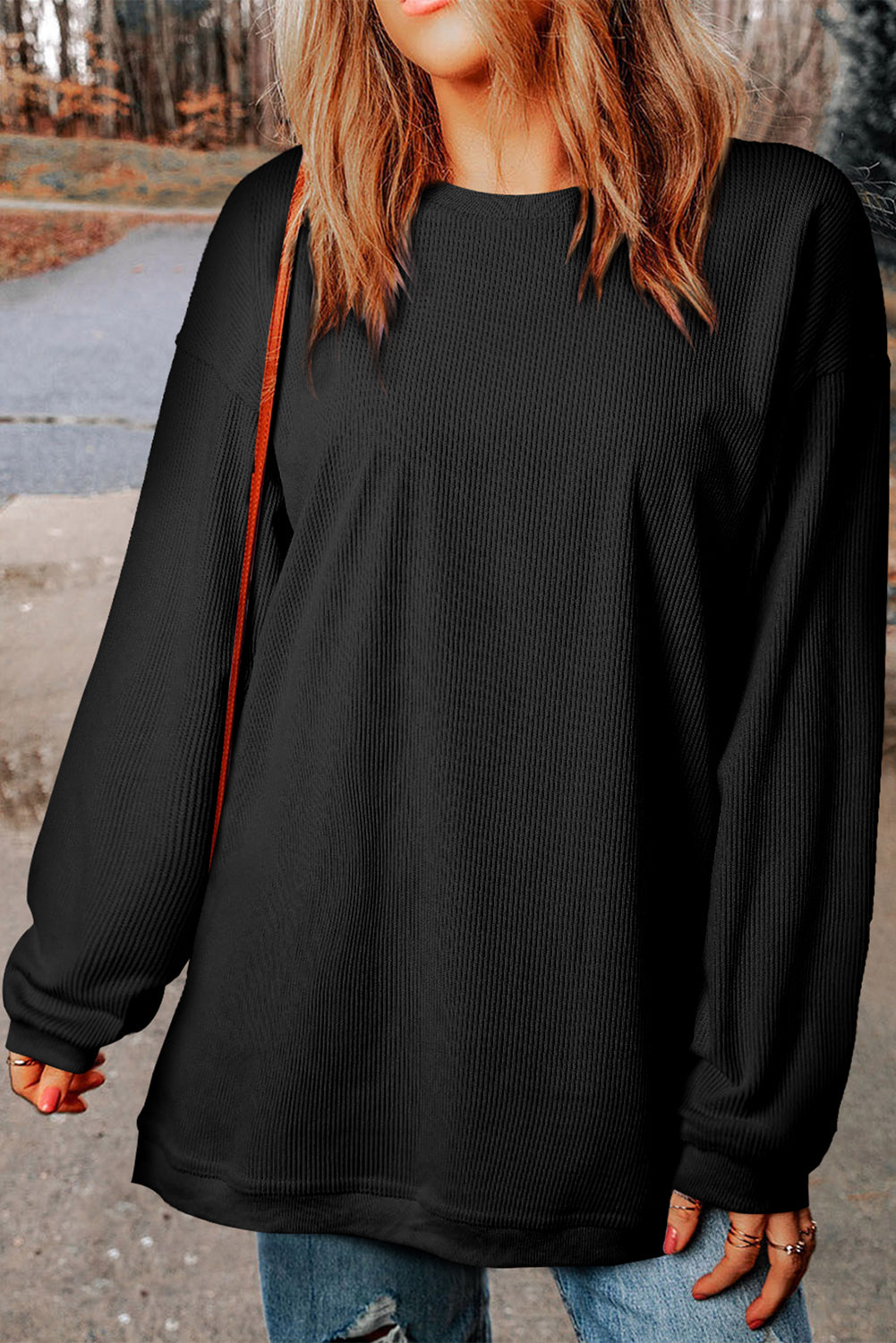 Dark Grey Drop Sleeve Crinkle Rib Oversized Sweatshirt