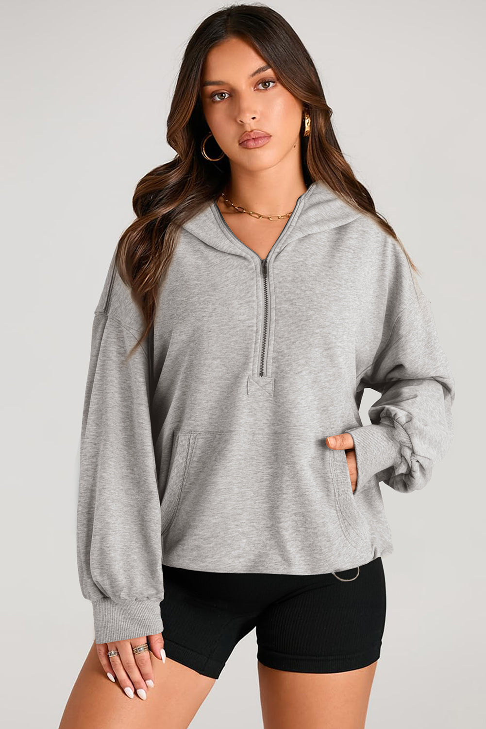 Aruba Blue Kangaroo Pocket Half Zipper Oversized Hoodie