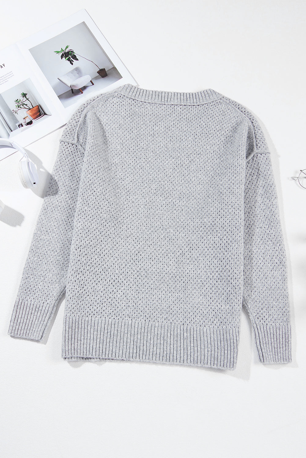 Light Grey Plain Oversized Hollowed Knit Sweater