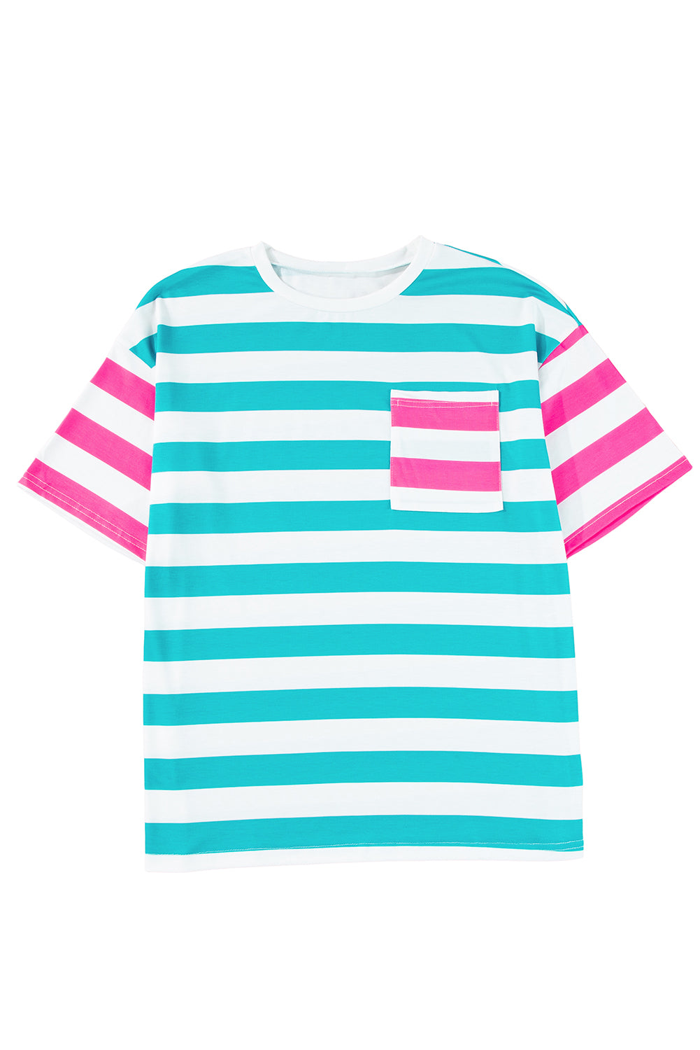 Blue Stripe Patch Pocket Drop Sleeve Slits T Shirt
