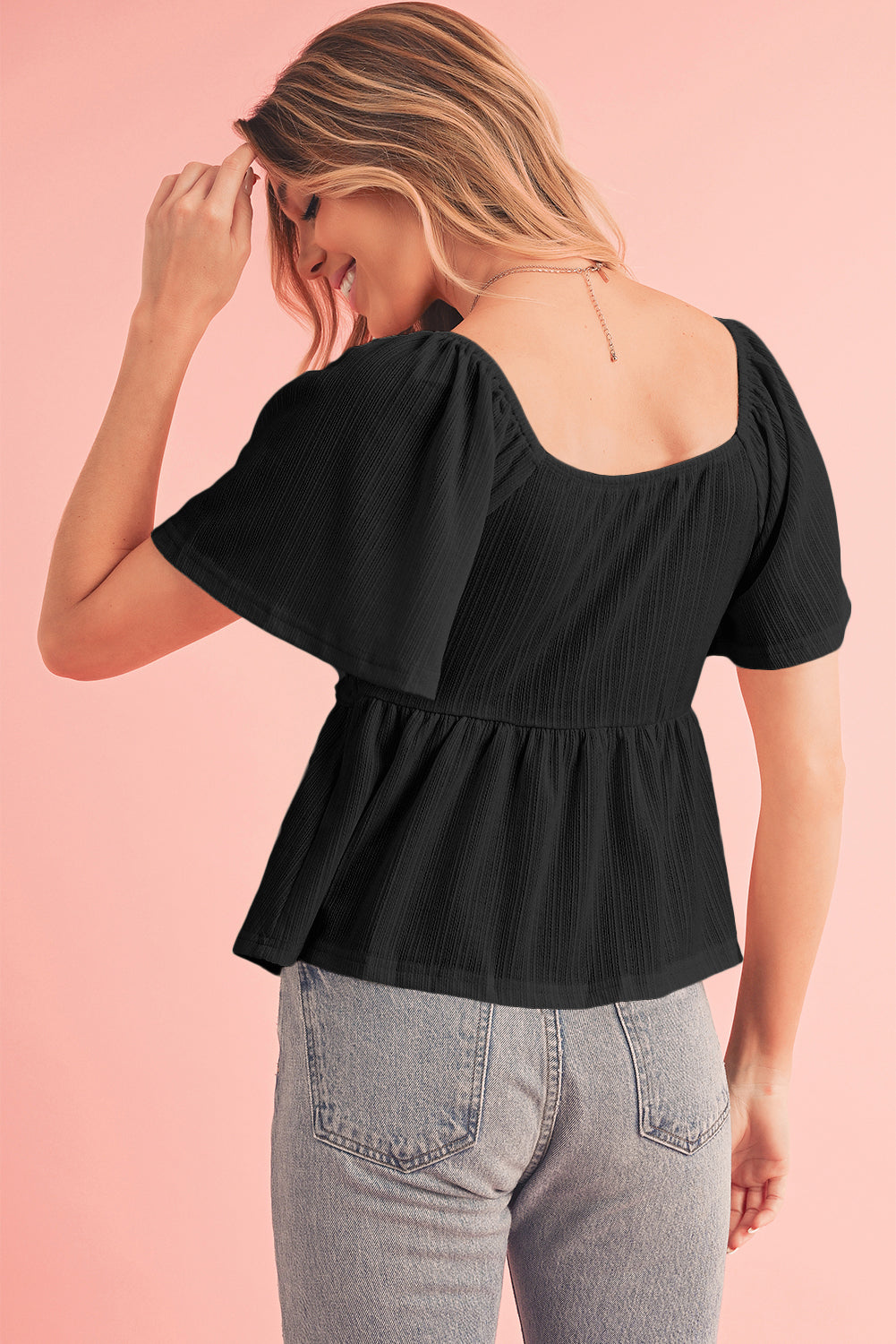 Black Shirred V Neck Short Flutter Sleeve Textured Blouse