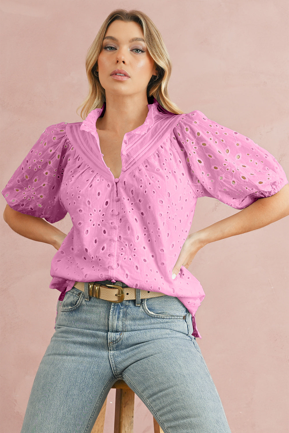 Black Hollow-out Flower Embroidered Short Puff Sleeve Blouse