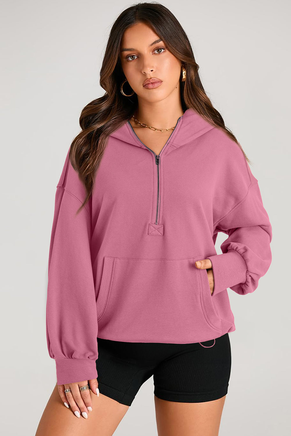 Aruba Blue Kangaroo Pocket Half Zipper Oversized Hoodie