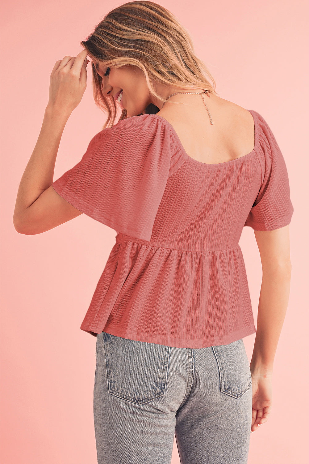 Black Shirred V Neck Short Flutter Sleeve Textured Blouse