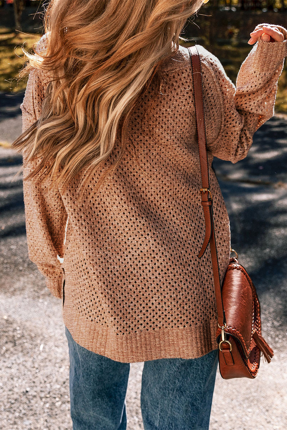 Light Grey Plain Oversized Hollowed Knit Sweater