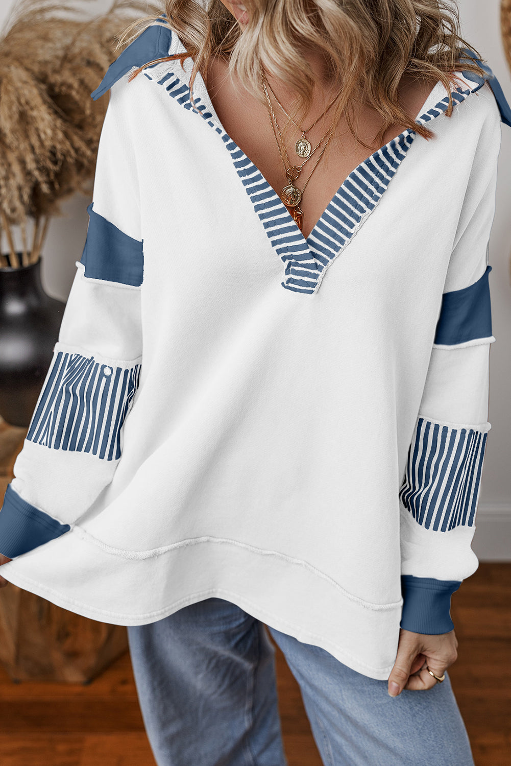 Black Striped Patchwork Collar Sweatshirt