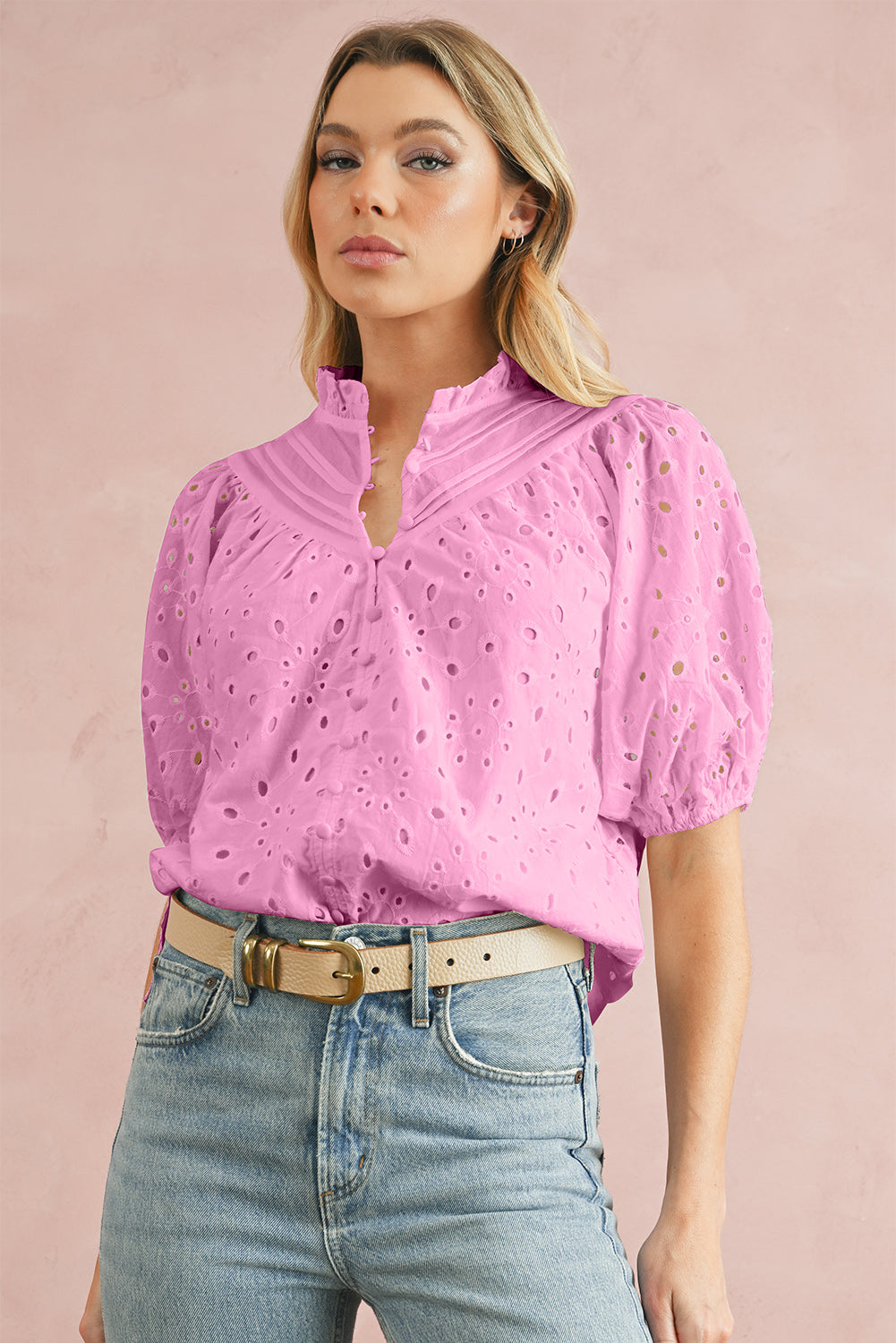 Black Hollow-out Flower Embroidered Short Puff Sleeve Blouse