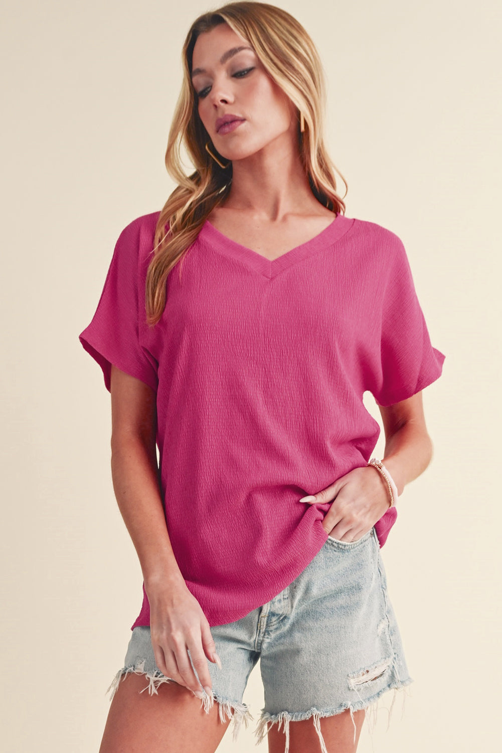 Blue Plain Crinkled V Neck Flounce Sleeve T Shirt