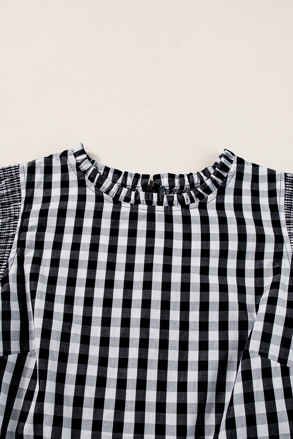 Black Checkered Ruffled Trim Frilled Neck Blouse