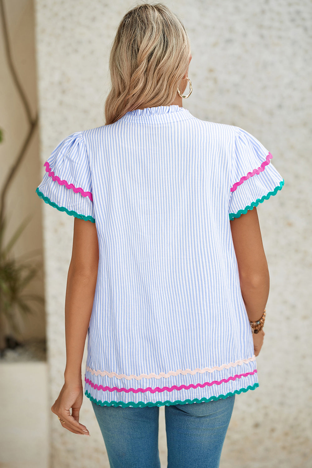 Sky Blue Striped Ricrac Splicing Frill V-Neck Blouse